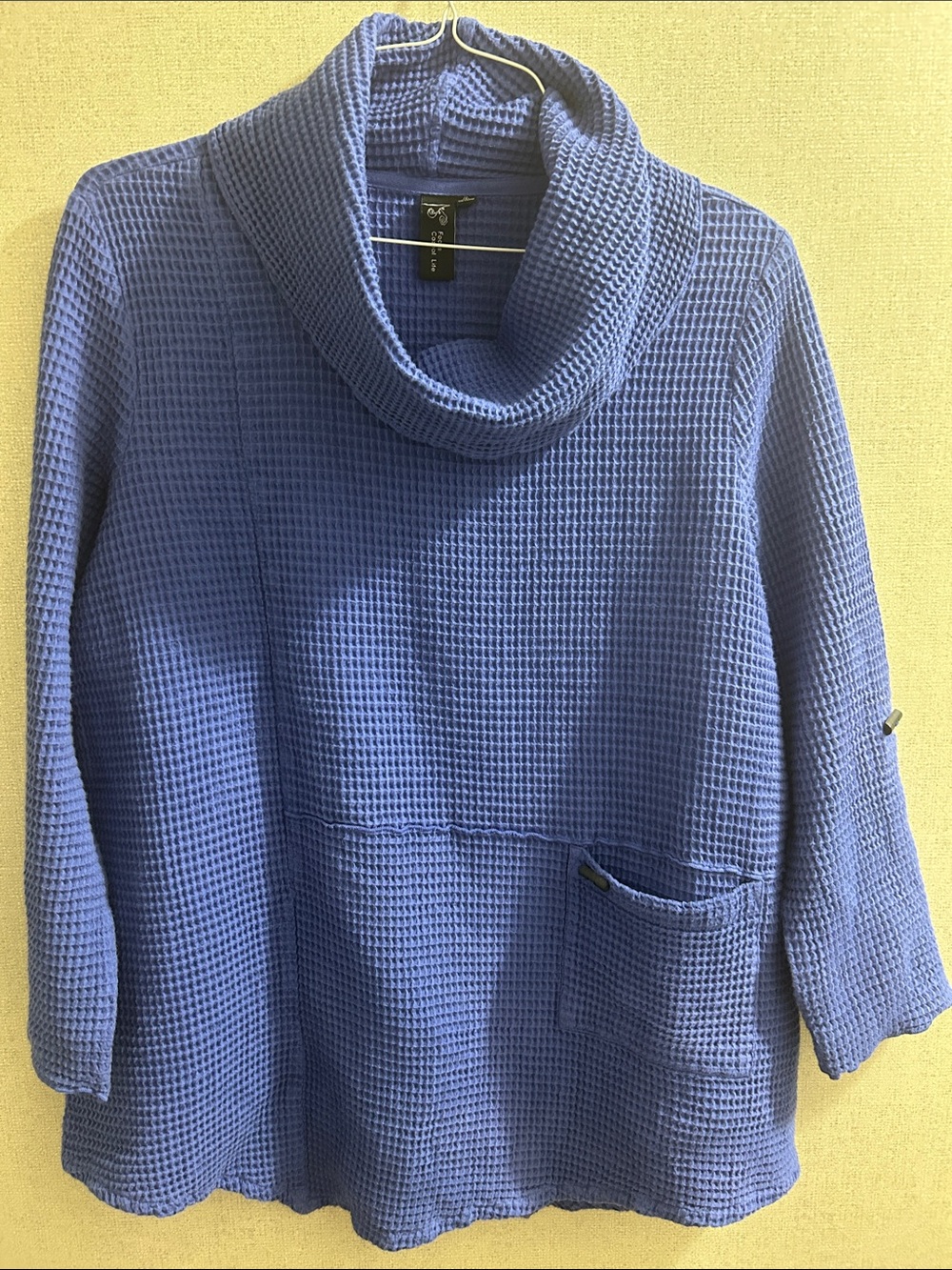 Relaxed Cowl Neck Waffle Knit Sweater in Periwinkle Blue